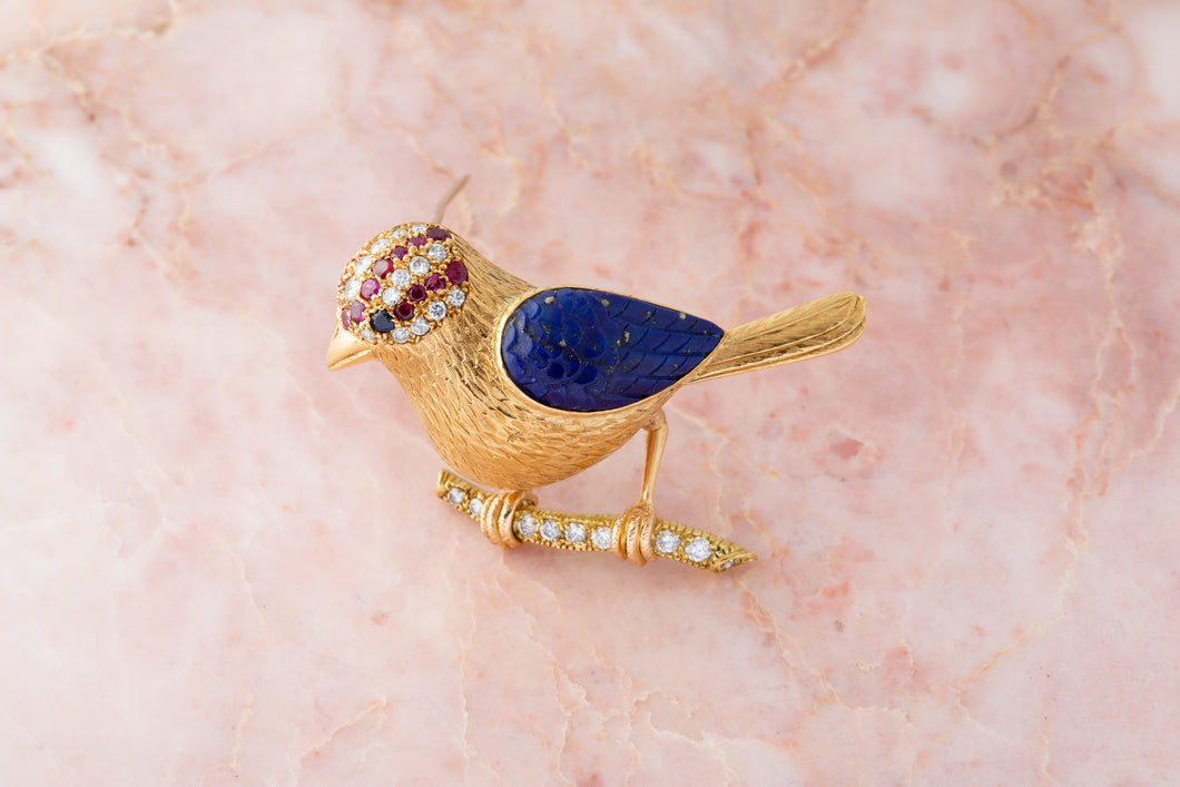 A diamond ruby lapis-lazuli bird brooch by Nardi